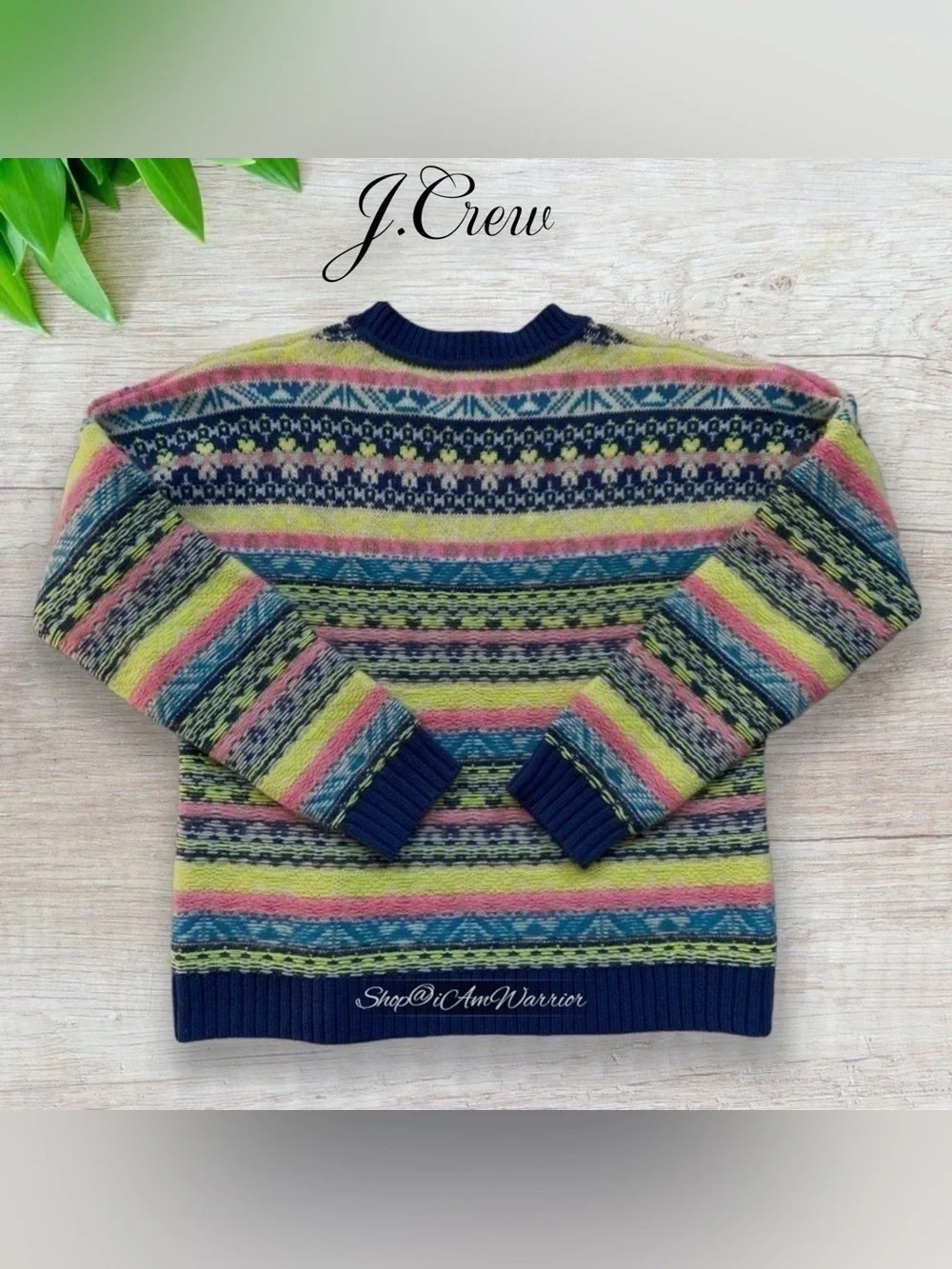 J.Crew Neon Fair Isle Mohair Wool Blend Striped Crewneck Sweater
